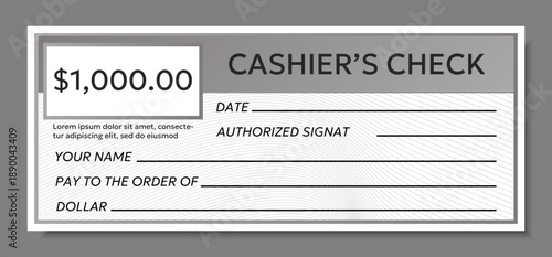 Cashier check template illustration in gray scale. Bank check layout with fields for payment and signature