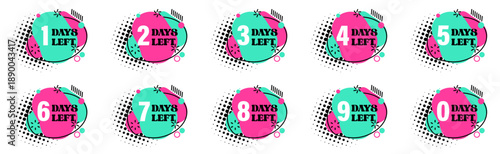Countdown days left badges set. Colorful pop art style labels with remaining time numbers