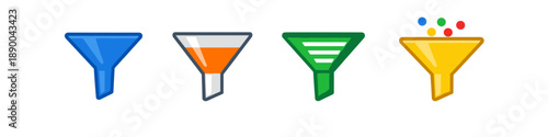 Four colorful funnels representing different filtering options and data processing