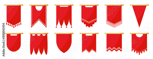 Red medieval hanging banners collection. Decorative fabric flags with tassels fringe and various bottom shapes