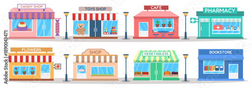 Small city shops and storefronts illustration set. Colorful buildings representing retail food and service businesses