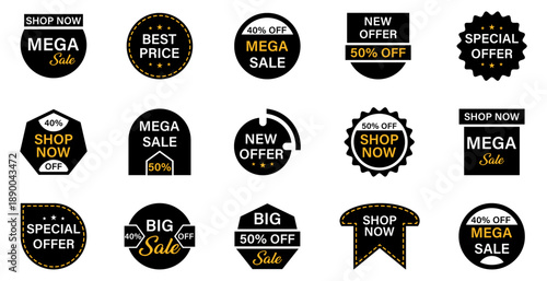 Black and gold sale badges collection. Promotional labels with mega sale shop now and special offer text