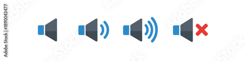 Set of four speaker volume icons showing mute, low, medium, and high sound levels