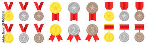 Award medals and ribbons illustration set. Gold silver and bronze prize symbols in flat style