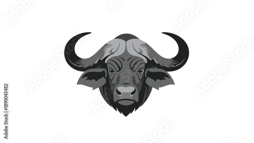 A stern-faced African buffalo head, depicted in a grayscale graphic style, conveying power and wildness, isolated on a white background.