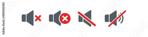 Set of four speaker icons indicating mute and volume off states with red crosses