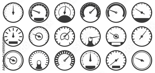 Speedometer and gauge icon collection. Measurement dials with different indicators and scales