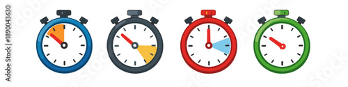 Four colorful stopwatches showing different times and progress segments