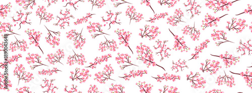 Seamless cherry blossom pattern illustration. Pink sakura branches scattered on white background