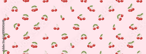 Seamless cherry pattern on pink background. Cute red cherry illustrations scattered evenly