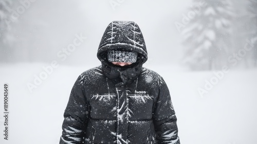 Adult in snowy forest, heavy winter gear, hooded jacket, snowfall, winter adventure, outdoor exploration, solitude in nature
