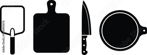 a simple monochrome illustration displays common kitchen tools including a ladle cutting board knife and frying pan arrangement high quality professional