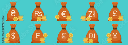 Money bags with world currency symbols illustration set. Cash sacks with coins representing global finance