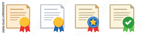 Collection of four different award certificates with ribbons and seals representing achievement