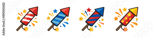 Collection of colorful cartoon fireworks rockets ready to launch for celebrations