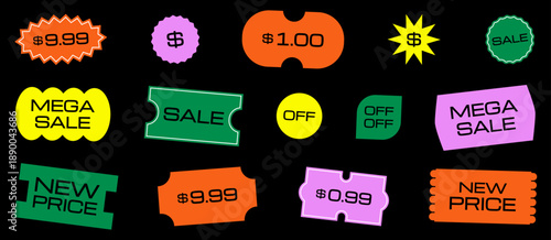 Price tags and sale labels collection on dark background. Bright discount shapes with promotional text elements