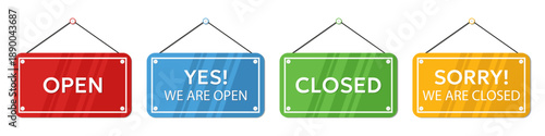 Open and closed hanging shop signs set. Business status boards with colorful rectangular panels