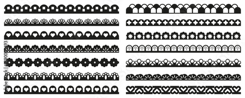 Decorative border elements collection in black. Repeating ornamental patterns with hearts flowers and geometric shapes