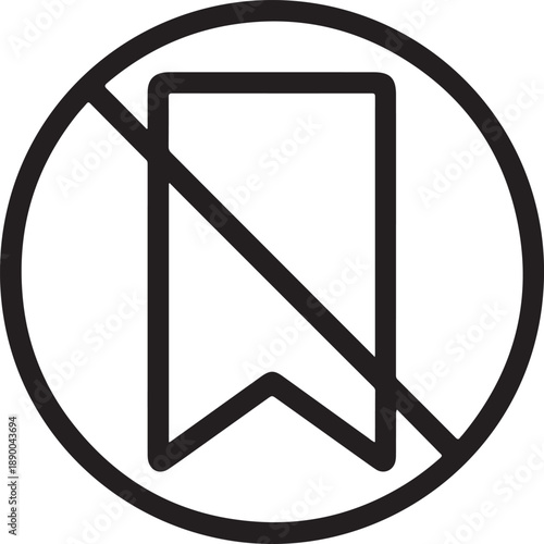 A black icon of a bookmark symbol with a prohibition sign overlaid on a circular background viewed from directly above indicating disapproval or restriction on a digital interface