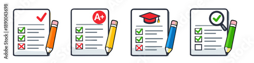 Set of icons representing school tests, grades, and academic achievement with pencils