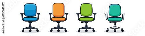 Four colorful office chairs lined up, showcasing different vibrant colors and modern designs