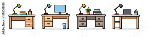 Collection of four cartoon desks with lamps, books, and computers