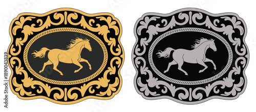 Horse label belt buckle wild western rodeo ranch cowboy style tag design, featuring gold and silver vector silhouettes with classic rodeo symbols and Western festival artwork.