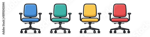 Four colorful office chairs lined up in a row, blue, teal, yellow, and red