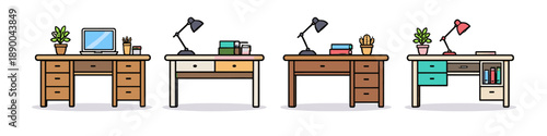 Collection of four different cartoon desks with various office supplies and decorations
