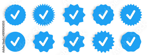 Blue verification badge collection with check marks. Different rounded star and seal shapes for approval concepts