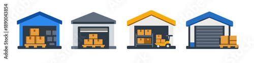 Collection of flat design warehouse icons with boxes and forklifts
