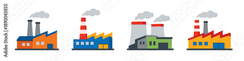 Collection of colorful factory buildings with smoke stacks emitting clouds of smoke