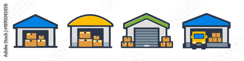 Collection of stylized warehouse buildings with boxes and a truck, representing logistics and storage