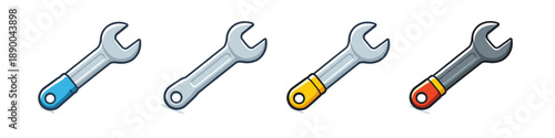 Set of four cartoon wrenches with different colored handles on a white background