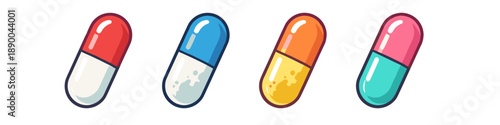 Collection of colorful cartoon-style capsules for medication and health concepts