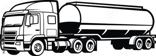 a detailed black and white illustration depicts a large tanker truck with a prominent cylindrical tank and a classic cab design