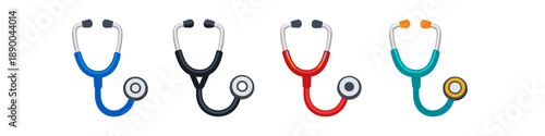 Collection of colorful stethoscopes isolated on a white background for medical use