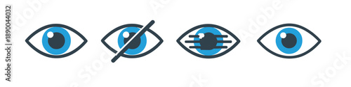 Set of four eye icons representing vision, hidden, blurred, and normal sight