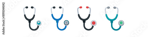 Collection of four colorful stethoscopes arranged in a row on a white background