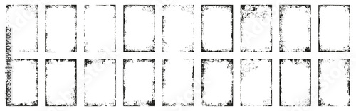 Grunge rectangular frames set in black. Distressed borders with rough edges and worn texture style