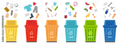 Recycling bins illustration set in color. Sorted trash containers with waste category icons
