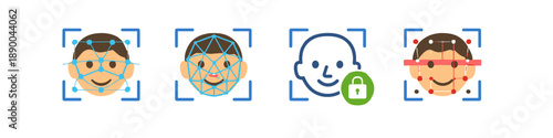 Facial recognition technology icons showing face scanning, analysis, and security features