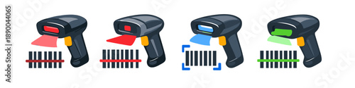 Collection of barcode scanners with different colored scanning beams and indicators