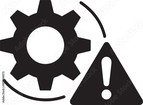 A warning sign with an exclamation mark inside a triangle alongside a gear icon indicating maintenance or technical issue viewed from a straightforward perspective