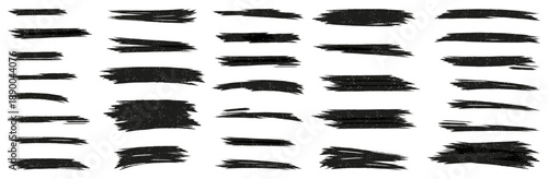 Abstract paint brush strokes collection in black. Rough horizontal ink marks with textured edges