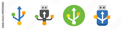 Collection of USB connection icons and flash drive symbols in various colors and styles