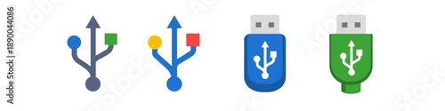 Collection of colorful USB icons and flash drives representing connectivity and data transfer