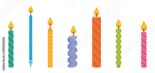 Birthday candles illustration set. Colorful decorative candles with flames in different shapes and patterns
