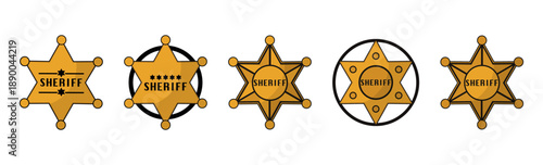 Sheriff star badge icons set. Gold western law enforcement emblems with different star shapes and outlines