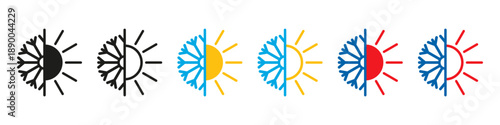 Weather condition icons set. Split symbols showing cold snowflake and hot sun variations